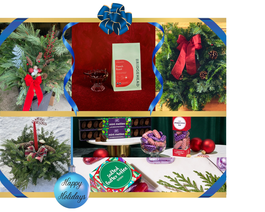 Collage of planter, wreath, centrepiece, coffee, and chocolates